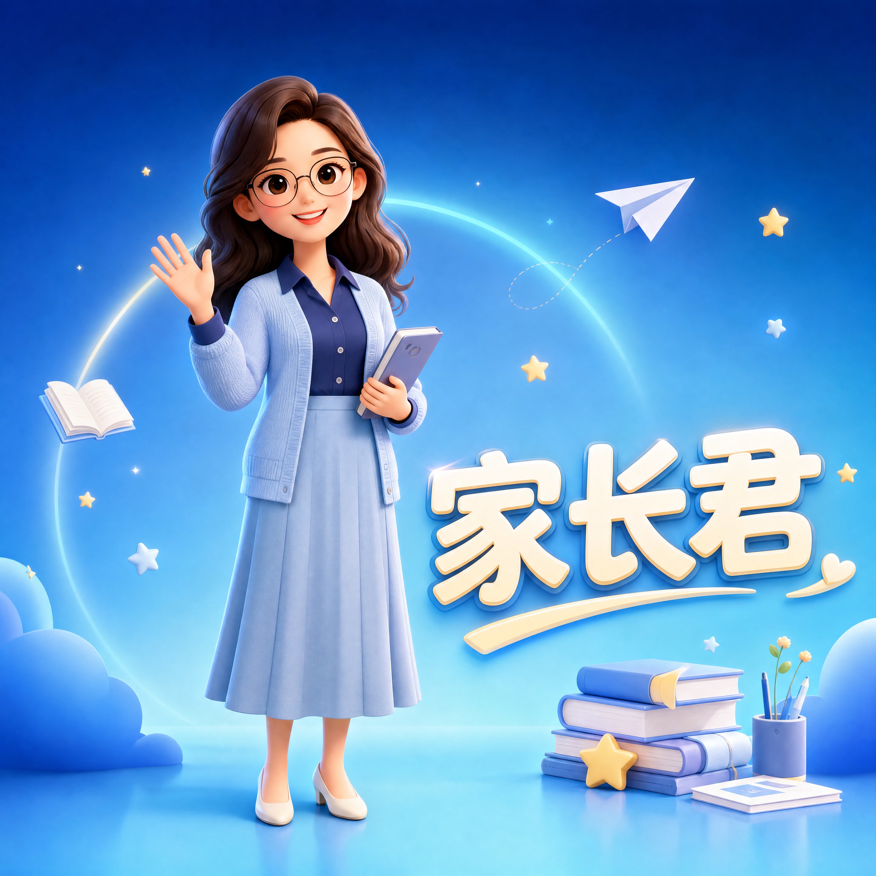 女性家长IP卡通形象头像，1:1方形比例，4K分辨率，整体蓝色… - 图片创意预览
