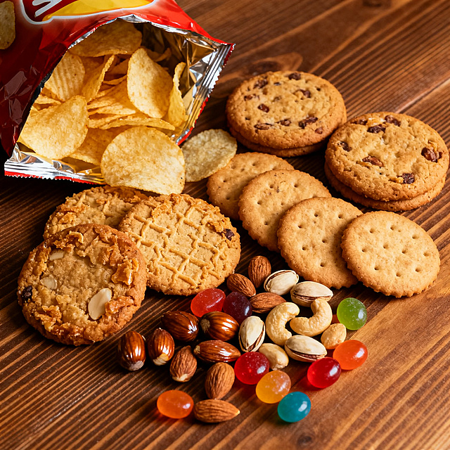 美味可口的零食大合集，包含薯片、饼干、坚果和糖果，摆放在木质桌面上，暖光照明，温馨氛围，高清写实风格
