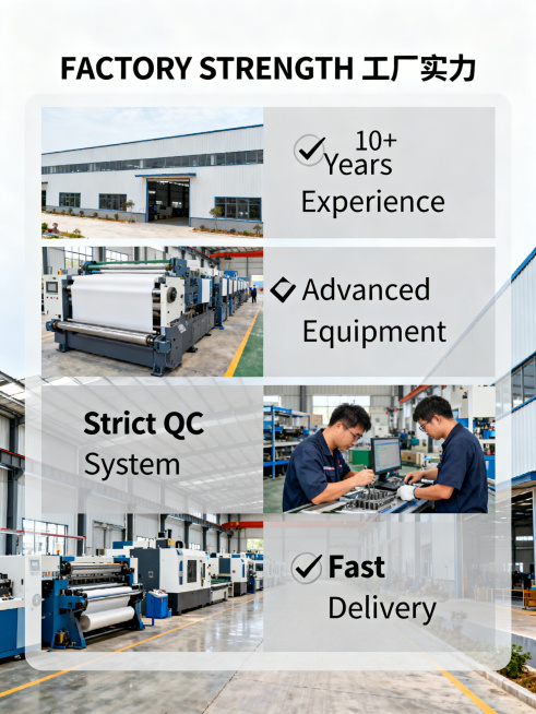 工厂实力介绍图，展示工厂厂房、生产设备和车间场景，顶部标题写"FACTORY STRENGTH 工厂实力"，四个对勾对应文案：'10+ Years Experience'、'Advanced Equi预览效果