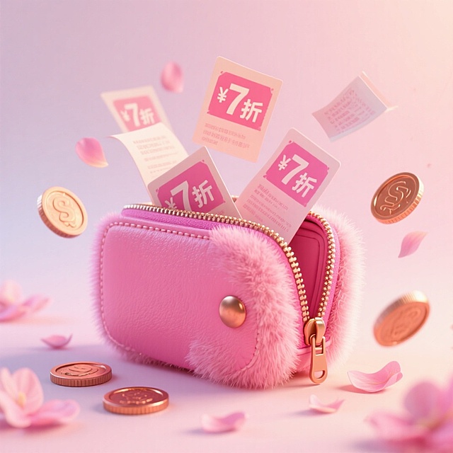 粉嫩毛绒钱包溢出七折券与金币，软3D风结合重拟物设计，樱花飘落营造梦幻甜蜜感，节日氛围浪漫可爱。