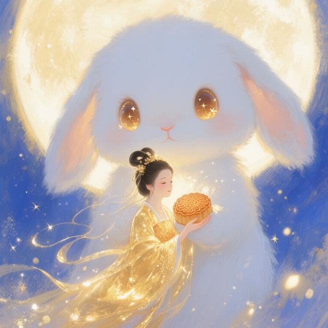 一个巨大的萌新兔子眼睛看着下方的全身嫦娥，露出朦胧的垂耳兔的兔头，兔子眼睛有星光效果，隐隐抱着嫦娥，嫦娥的手里捧着一块月饼，表情柔和，浑身金色发光拉丝效果，光细腻如发丝，大面积留白，概念视觉，朦胧，梦预览效果