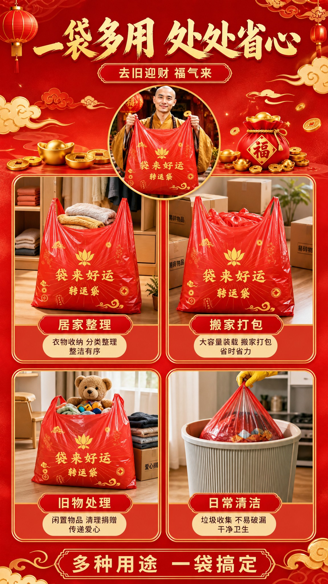 [商品] 使用【图4】红色"袋来好运 转运袋"印花收纳袋；保留… - 图片创意预览