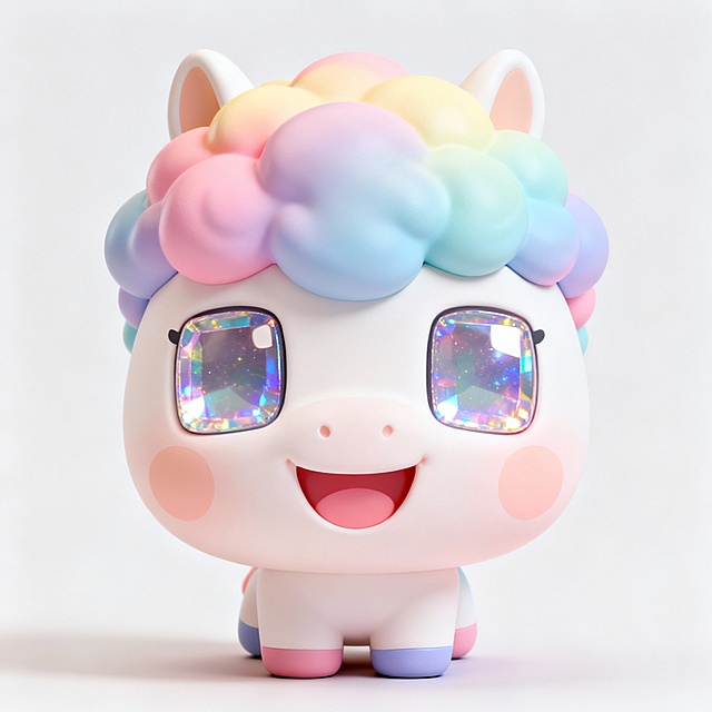 的Q版马生肖盲盒公仔，只有圆滚滚的大脑袋，没有四肢。头部是卡通化的马脸，拥有巨大闪亮的方形眼，表情是开心的笑容。头顶是五彩斑斓的蓬松云朵状鬃毛，色彩是明快的马卡龙色系。皮肤是哑光光滑的搪胶质感，整体线条圆润，造型治愈。纯色背景，3D卡通渲染，风格极度可爱、治愈、有潮玩感。