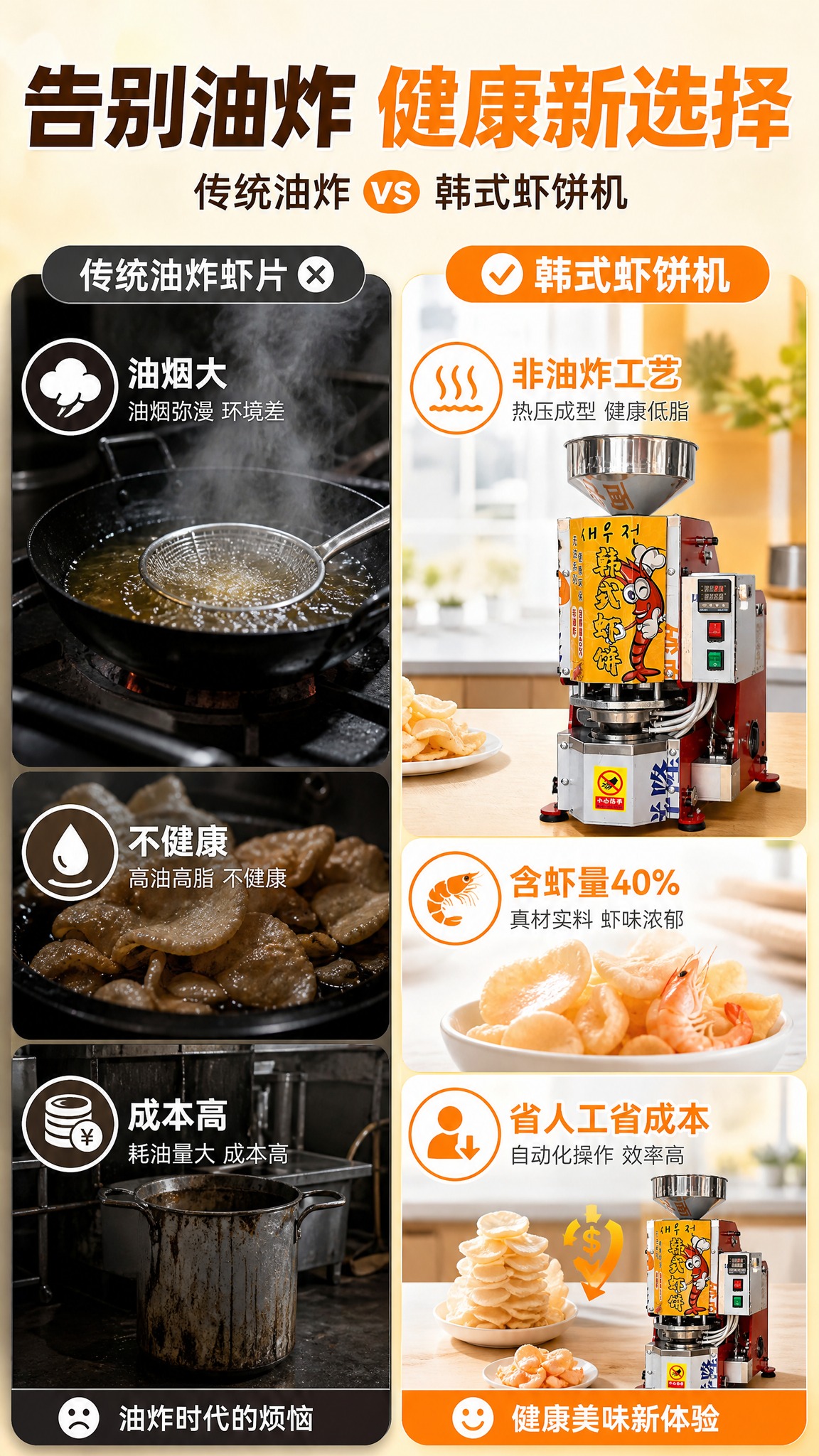 电商详情页痛点对比图，左右分栏对比型，左侧暗调表现传统油炸虾片… - 图片创意预览