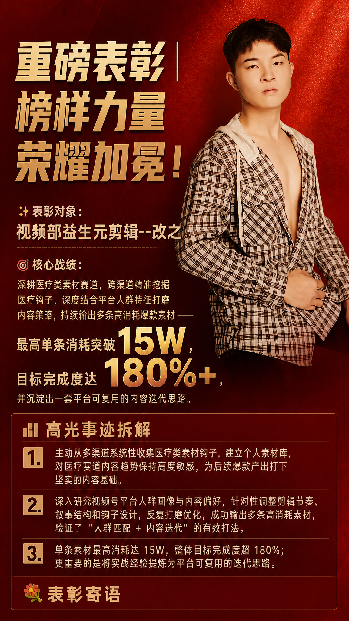 基于这张表彰海报，将表彰对象中的"视频号"修改为"视频部"，即… - 图片创意预览