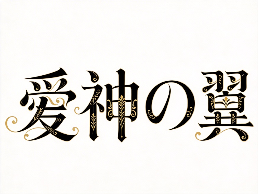 干净的纯白色背景。平面艺术字体设计，五个字"愛神の翼"，所有文字单行横向排列（欧式古典衬线花体字风格，笔画优美流畅，卷曲装饰线条，每个字笔画都带有精致的花体卷草装饰）（主体色是黑色，装饰纹理是浅金色）预览效果