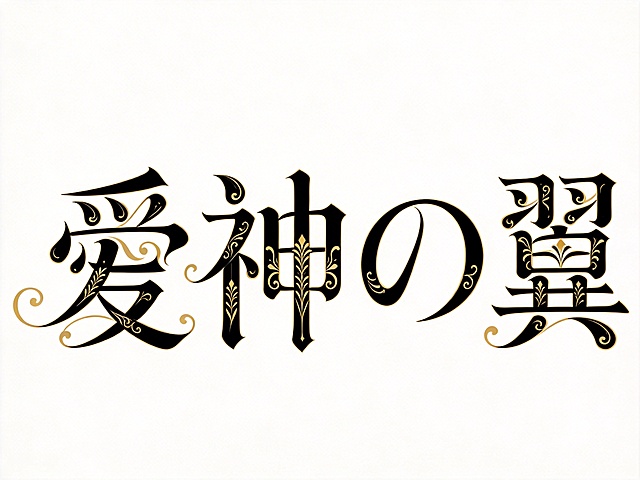 干净的纯白色背景。平面艺术字体设计，五个字"愛神の翼"，所有文字单行横向排列（欧式古典衬线花体字风格，笔画优美流畅，卷曲装饰线条，每个字笔画都带有精致的花体卷草装饰）（主体色是黑色，装饰纹理是浅金色）。仅包含五个字："愛"、"神"、"の"、"翼"，不得增加、遗漏或替换任何一个字。比例4:3