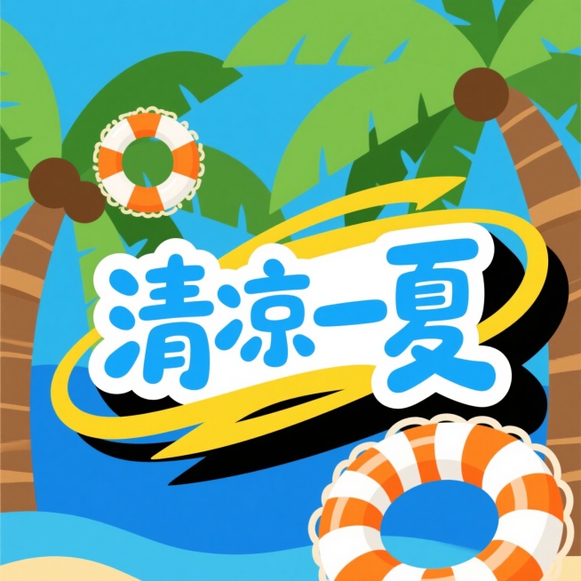 平面设计风格的夏日主题艺术字设计，整体采用明亮欢快的色彩搭配，主色调为纯净的蓝色和活泼的黄色，辅以白色勾勒轮廓增强立体感。艺术字“清凉一夏”为核心视觉元素，字形圆润饱满，笔画流畅并带有动态的弧度，蓝色字体搭配黄色的装饰性笔画和飘带，营造出清爽活泼的氛围。背景中融入典型的夏日元素：两棵绿色的棕榈树，树干呈棕色，叶片舒展；两个橙白相间的游泳圈，一个位于左上方，一个在右下方，增强夏日度假的轻松感。整……预览效果
