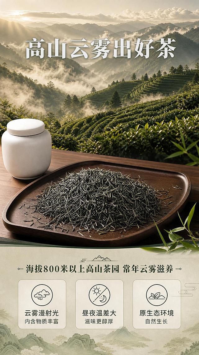 [商品] 使用【图4】毛尖绿茶干茶图；保留干茶条索紧细、深绿带白毫的外观特征，保留深色木质托盘、白色茶罐，茶叶形态、颜色、比例不变。
[画面] 产地环境页，目标是讲"高山云雾出好茶"的产地优势。上图下文构图，上方约55%为高山茶园云雾大场景（连绵茶山、晨雾缭绕、晨光穿透云层，气势开阔），下方约45%保留干茶堆主体+文字说明。产品占画面约40%。前景竹叶点缀，中景干茶堆与茶罐，后景高山云雾茶园，形成3层景深。
[视觉] 套系策略：风格=东方雅致新中式茶饮风，高级商业摄影质感；标题字=宋体加粗（思源宋体/方正清刻本悦宋风格），大气有东方韵味；正文字=简洁无衬线体（思源黑体），清晰易读；主色=茶绿+暖木棕；背景延展=基于茶绿与暖木棕做深浅层级、同色渐变和云雾/宣纸质感；强调色=深墨绿，仅用于小面积图标、引线和标签；标题色=深墨绿；正文色=深炭灰；组件=细线引线、圆角浅底信息卡、山水纹样点缀；光影=左前侧暖柔光，自然柔和，突出茶叶毫毛质感。
[文字] 上方场景中叠加主标题"高山云雾出好茶"（7字，大字号，白色带轻微阴影，置于茶山场景中上部），下方文字区副标题"海拔800米以上高山茶园 常年云雾滋养"，3个产地优势短句横向排列：「云雾漫射光 内含物质丰富」「昼夜温差大 滋味更醇厚」「原生态环境 自然生长」。文字全部横向排版。
[规格] 图片比例9:16竖版，4K，负向提示：避免变形、错字、文字过小、茶叶颜色改变、条索形态失真、绝对化用语、虚假产地承诺。