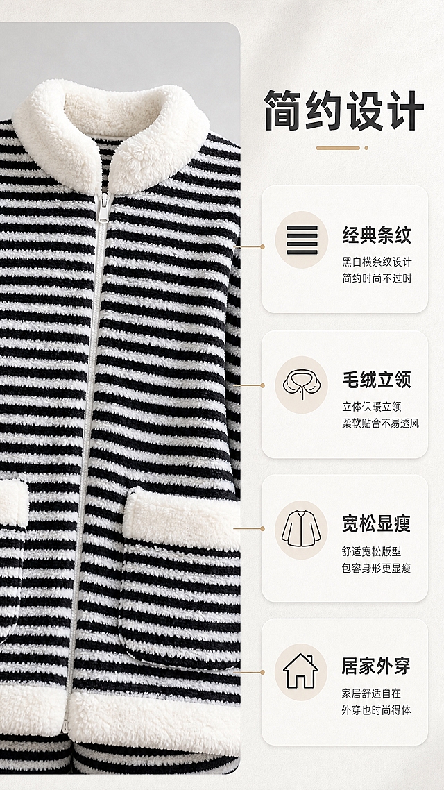 [商品] 使用【图1】黑白条纹羊羔毛睡衣套装；商品处理：保留黑白横条纹、白色毛绒立领、中间拉链、白色毛绒包边方形口袋、白色毛绒袖口和下摆包边、羊羔毛面料和整体版型；增强毛绒蓬松质感和条纹清晰度，理顺版型，不改变颜色和结构。
[画面] 页面目标：设计理念与风格关键词展示，解释这款睡衣的简约高级设计方向。构图：左右分栏结构，左侧为睡衣局部特写（立领+拉链+口袋区域），右侧为文字和图标区域。左侧展示立领的立体造型和白色毛绒的柔软质感，右侧用图标+关键词的形式展示4个设计方向。背景为浅灰色渐变浅底，有细腻的纸张质感和柔和阴影。阅读动线：从左到右，先看产品局部再看设计理念。
[视觉] 套系策略：风格=简约高级居家风商业摄影；标题字=现代无衬线粗体；正文字=简洁无衬线体；主色=黑白灰；背景延展=基于黑白灰做深浅层级、同色渐变和细腻织物/纸张质感；强调色=暖米色，仅用于小面积图标、引线和标签；标题色=深炭灰；正文色=中灰色；组件=圆角浅底信息卡、细线引线、简约图标；光影=右侧自然光+左侧补光，整体明亮干净。
[文字] 右侧上方主标题："简约设计"，下方排列4个风格关键词图标+文字："经典条纹"、"毛绒立领"、"宽松显瘦"、"居家外穿"。每个关键词配一个简约小图标，文字清晰可读。
[规格] 图片比例9:16竖版，4K，避免变形、错字、文字过小、冷蓝/冷灰背景过冷、衣服颜色改变、版型失真。