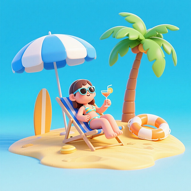 清新软3D风，卡通女孩沙滩度假，椰树、冲浪板点缀，夏日休闲氛围。