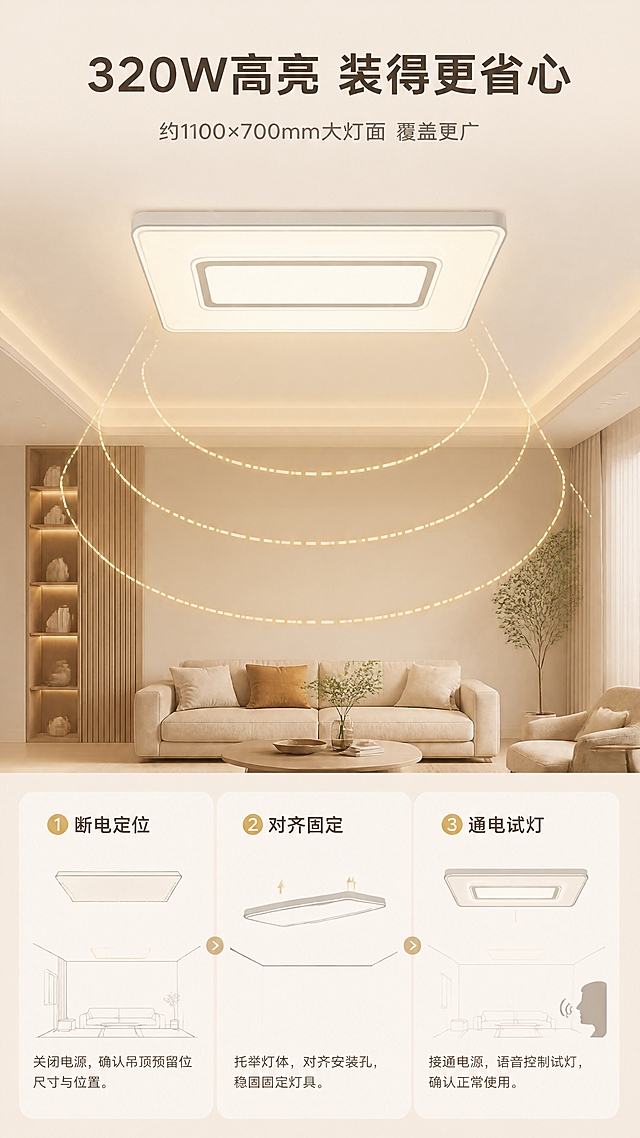 [商品] 使用【图1】M336棉纹语音吸顶灯：保留长方形灯体与浅灰铁艺边框、米白棉纹亚克力面罩、圆润四角；安装示意中的灯具外观与比例保持一致，不虚构接口与配件型号，不新增商品本体文字或Logo。
[画面] 竖版功率与安装说明页：上半部为吊顶亮灯照明覆盖面示意，吸顶灯居中，下方以暖金光虚线弧形表示光线向下铺开覆盖客厅区域；下半部为安装 3 步分栏——①关电后定位吊顶预留位 ②托举灯体对齐安装孔并固定 ③通电语音试灯；每步配简洁示意小图与短句。产品占画面约55%，暖米白渐变空间背景，留白清晰。
[视觉] 套系策略：风格=现代简约家居照明商业摄影；标题字=现代无衬线粗体（思源黑体Bold）；正文字=简洁无衬线（思源黑体Regular）；主色=暖米白；背景延展=基于暖米白做深浅层级、同色渐变与细腻棉纹/亚麻质感；强调色=暖金光，仅用于小面积图标、引线、标签与局部光效；标题色=深炭灰；正文色=中暖灰；组件=圆角浅底信息卡、细线引线、小圆点；光影=顶部柔光叠加灯体自身发光形成的柔光晕与吊顶漫反射。
[文字] 顶部横向主标题“320W高亮 装得更省心”，上半部横向参数短句“约1100×700mm大灯面 覆盖更广”，下半部三步标签依次横排“①断电定位”“②对齐固定”“③通电试灯”；全部横排、参数保守表达、手机端可读，不遮挡灯体与示意。
[规格] 图片比例9:16竖版，4K，避免变形、错字、文字过小、竖排或斜排文字、水印、平台Logo角标、虚构认证或参数承诺、产品结构改变、冷蓝成为背景主色。