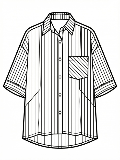 移除背景和人台，完整保留这件衬衫的所有细节，不改变款式结构，包括翻领、竖条纹、斜纹口袋、不对称下摆、门襟纽扣、蝙蝠短袖设计，将服装转换为线条加粗的标准PS工业黑白线稿图预览效果