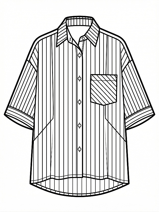 移除背景和人台，完整保留这件衬衫的所有细节，不改变款式结构，包括翻领、竖条纹、斜纹口袋、不对称下摆、门襟纽扣、蝙蝠短袖设计，将服装转换为线条加粗的标准PS工业黑白线稿图
