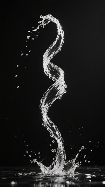 一张黑白摄影风格的图片，纯黑色背景，中央有一道向上喷射的水流，水流造型变换为呈螺旋状上升，顶部略微散开，底部有水花溅起，水珠清晰可见，整体光影对比强烈，水流边缘锐利，具有动态感和质感。预览效果