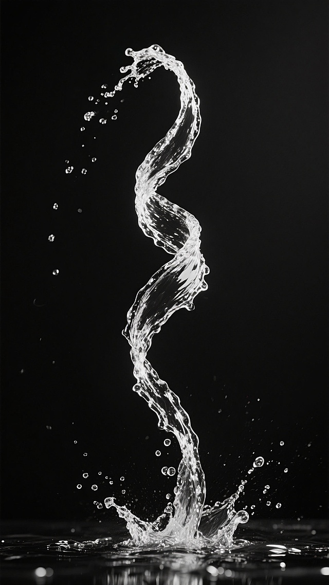 一张黑白摄影风格的图片，纯黑色背景，中央有一道向上喷射的水流，水流造型变换为呈螺旋状上升，顶部略微散开，底部有水花溅起，水珠清晰可见，整体光影对比强烈，水流边缘锐利，具有动态感和质感。