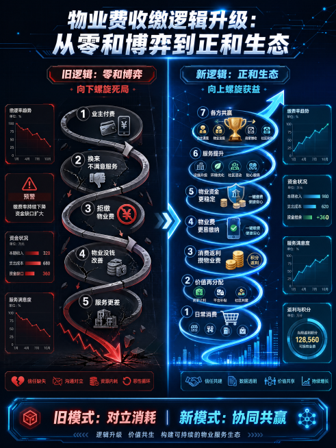 电子科技风信息图，对比展示物业费收缴逻辑从"零和博弈"到"正和生态"的转变，左侧旧逻辑零和博弈：向下螺旋死局，业主付费换不满意服务拒缴物业费物业没钱改善服务更差；右侧新逻辑正和生态：向上螺旋获益，日常预览效果