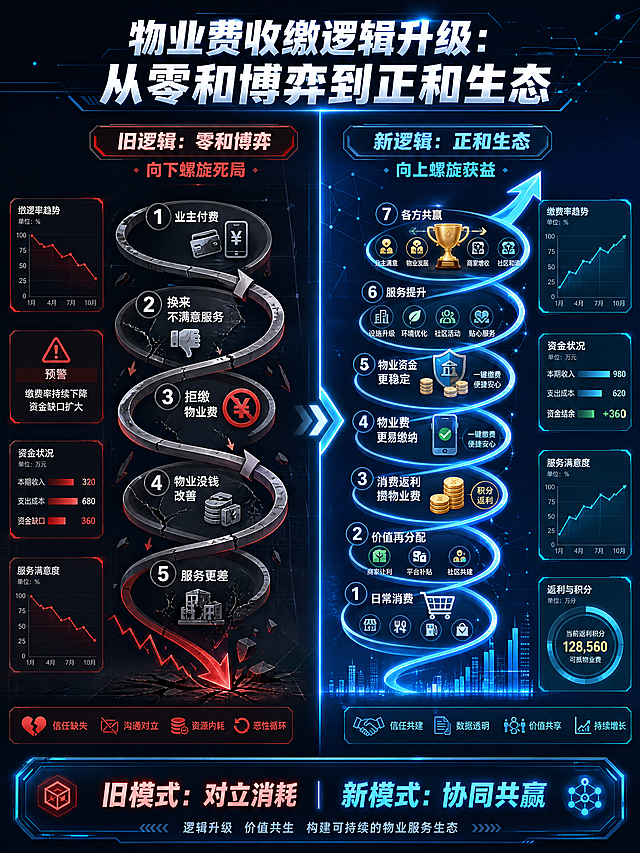 电子科技风信息图，对比展示物业费收缴逻辑从"零和博弈"到"正和生态"的转变，左侧旧逻辑零和博弈：向下螺旋死局，业主付费换不满意服务拒缴物业费物业没钱改善服务更差；右侧新逻辑正和生态：向上螺旋获益，日常消费价值再分配消费返利攒物业费各方共赢，整体科技蓝光效果，数据化可视化设计