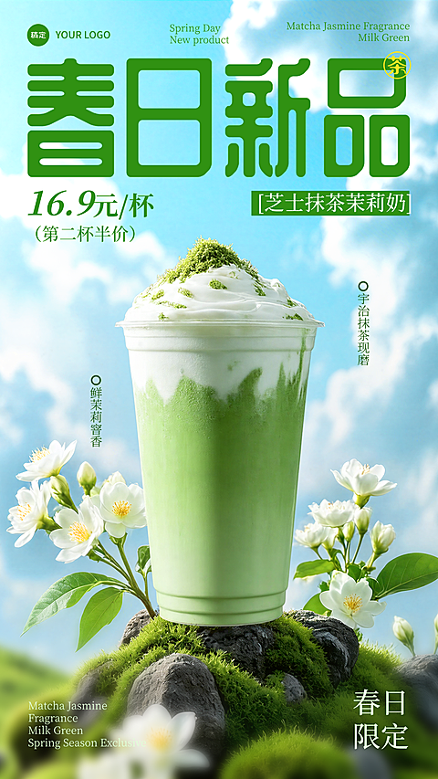 春日新品限定抹茶茉莉奶茶海报