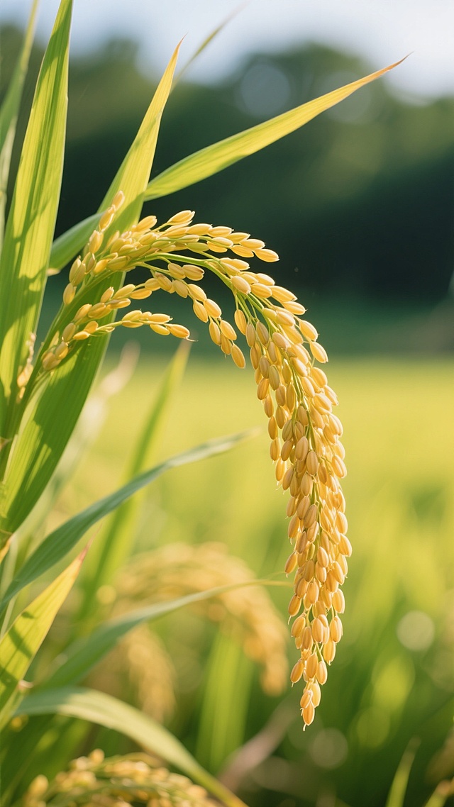 写实风格摄影，金黄饱满的稻穗特写，稻穗颗粒清晰，呈自然下垂姿态，绿色稻叶修长挺拔，部分叶尖带浅黄，阳光从斜上方照射，稻穗表面有柔和高光，叶片投射出细微阴影，背景为虚化的绿色稻田，整体色调温暖明快，营造丰收、自然、生机勃勃的氛围，画面聚焦稻穗主体，构图饱满，细节丰富，具有真实的农作物质感和田间光影效果。