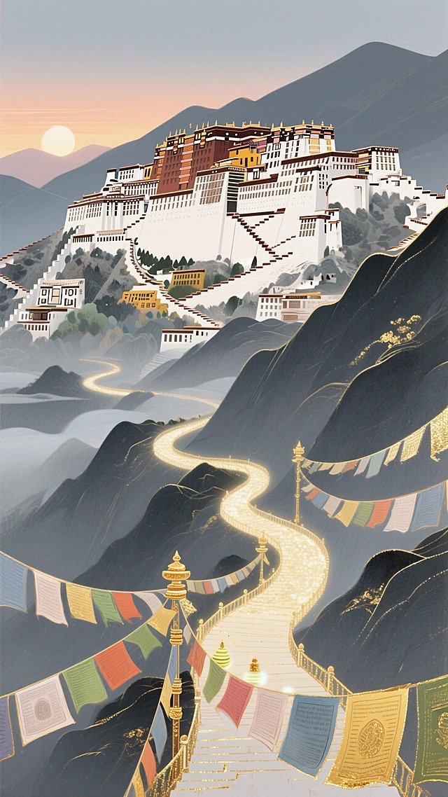 布达拉宫全景，薄暮中蜿蜒的转经道泛起微光，深灰色山体，经幡飘动。
