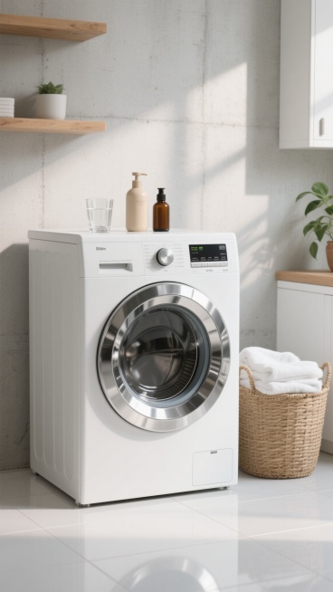 超写实风格白色滚筒洗衣机，银色金属质感圆形舱门，控制面板带旋钮和小型显示屏，顶部放置透明玻璃杯、米色按压瓶和棕色小瓶，左侧为装满白色毛巾的编织篮，旁边有绿色植物。柔和自然光从右侧照射，高光与阴影对比清晰，物体表面光滑反光。背景改为简洁的浅灰色水泥墙面，搭配木质搁板和白色收纳柜，地面为光滑白色瓷砖，整体营造现代简约、干净整洁的家居氛围。预览效果