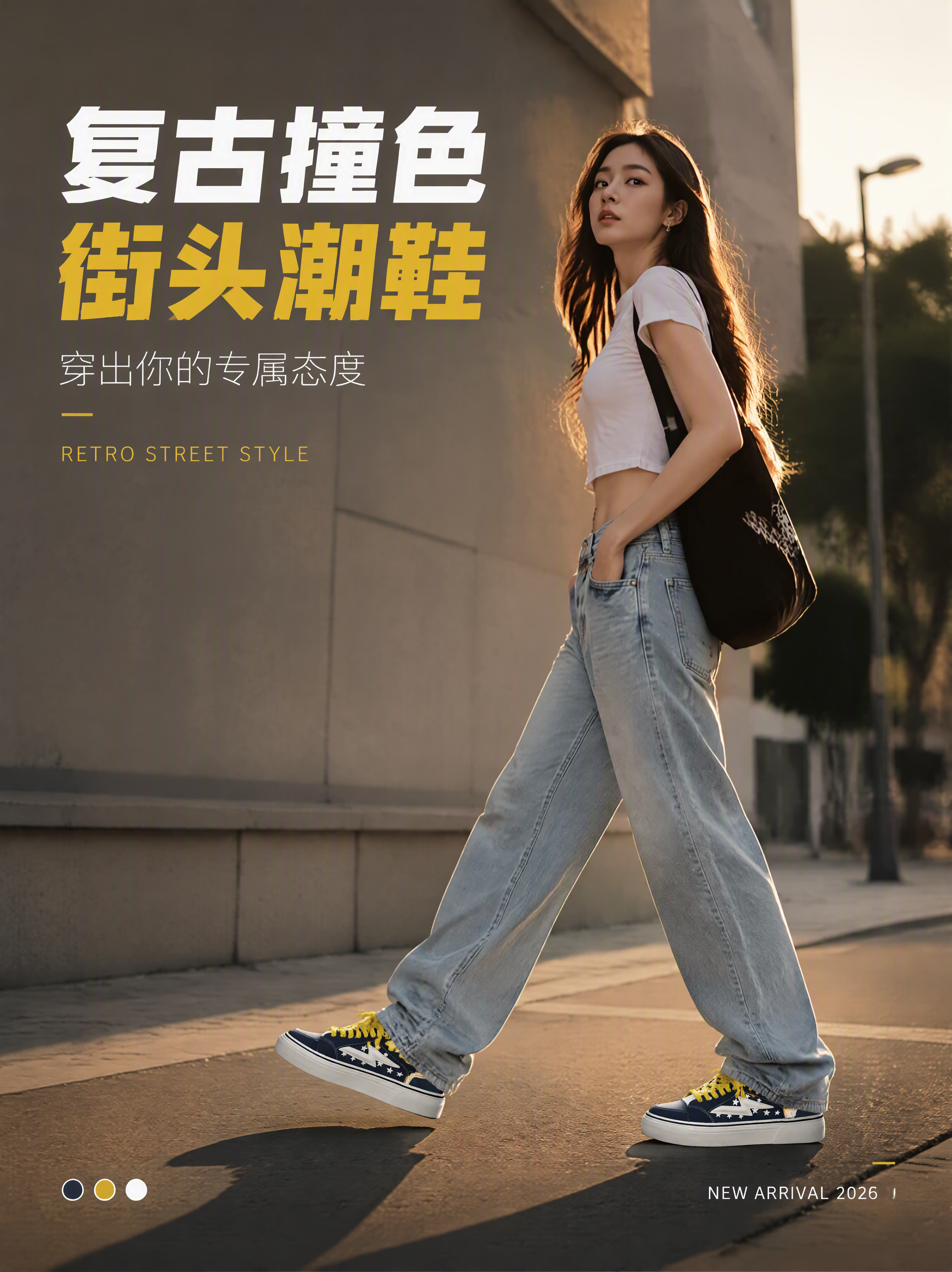 [第1张] 详情页风格头图海报-藏蓝黄拼色星星闪电厚底休闲板鞋… - 图片创意预览