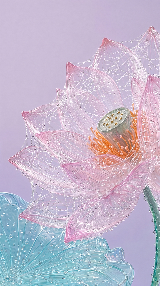 花瓣和叶子变成向蜘蛛网一样的透明色，上面点缀了很多透明的小水珠