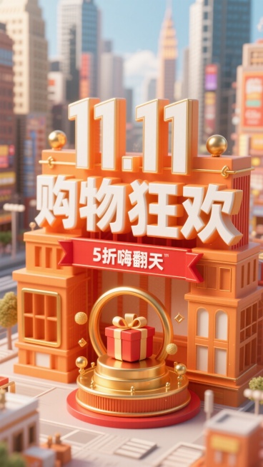 以暖橙色为主色调，前景是立体字组成的醒目建筑， “11.11购物狂欢” 立体大字（白与暖橙渐变，配金色装饰）及下方 “5 折嗨翻天” 红色横幅；中间有金色圆形装置（内有礼物）；背景是繁华都市预览效果