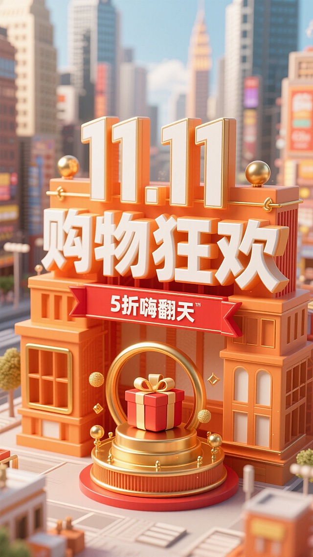 3D微缩艺术风建筑造型，鎏金与金属质感结合，重拟物设计强化体积感，喜庆红橙配色传递节日促销氛围，突出双十一购物狂欢主题。
