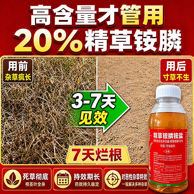 [主图-2] 核心卖点 除草效果对比 20%高含量精草铵膦
[统一基调] 拼多多风格 大字直白 高信息密度 红金配色 性价比感强 满版构图
[画面] 左右分栏对比构图 左侧为使用前 杂草丛生枯黄杂乱 右侧为使用后 地面干净无草 中间用箭头分隔 上方大标题 3天见效 7天烂根 产品瓶放在右下角 占画面30% 标签清晰可见 背景上半部分为深红色 下半部分为土地实景
[光影质感] 商业摄影质感 对比鲜明 左侧偏暗黄 右侧明亮干净 产品光影自然融入
[配色] 背景上红下土黄 标题白色粗黑体 对比标签红底白字 箭头亮绿色
[文字版式] 顶部通栏大标题 高含量才管用 20%精草铵膦 左侧上方标签 用前 杂草疯长 右侧上方标签 用后 寸草不生 中间大箭头写 3-7天见效 底部三个卖点图标 死草彻底 持效期长 对恶性杂草特效 每个图标配简短文字
[输出要求] 1:1比例 2048px 文字清晰 产品清晰 对比强烈 禁止变形错字 禁止水印平台Logo