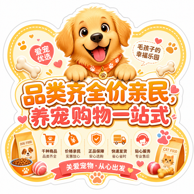 宠物宣传主题异形贴纸，中心卡通金毛，边缘异形抠图贴合骨头轮廓，圆润大字主标题"品类齐全价亲民，养宠购物一站式"，暖色调，边角点缀骨头爪印爱心，温馨活泼预览效果