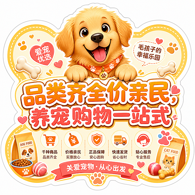 宠物宣传主题异形贴纸，中心卡通金毛，边缘异形抠图贴合骨头轮廓，圆润大字主标题"品类齐全价亲民，养宠购物一站式"，暖色调，边角点缀骨头爪印爱心，温馨活泼