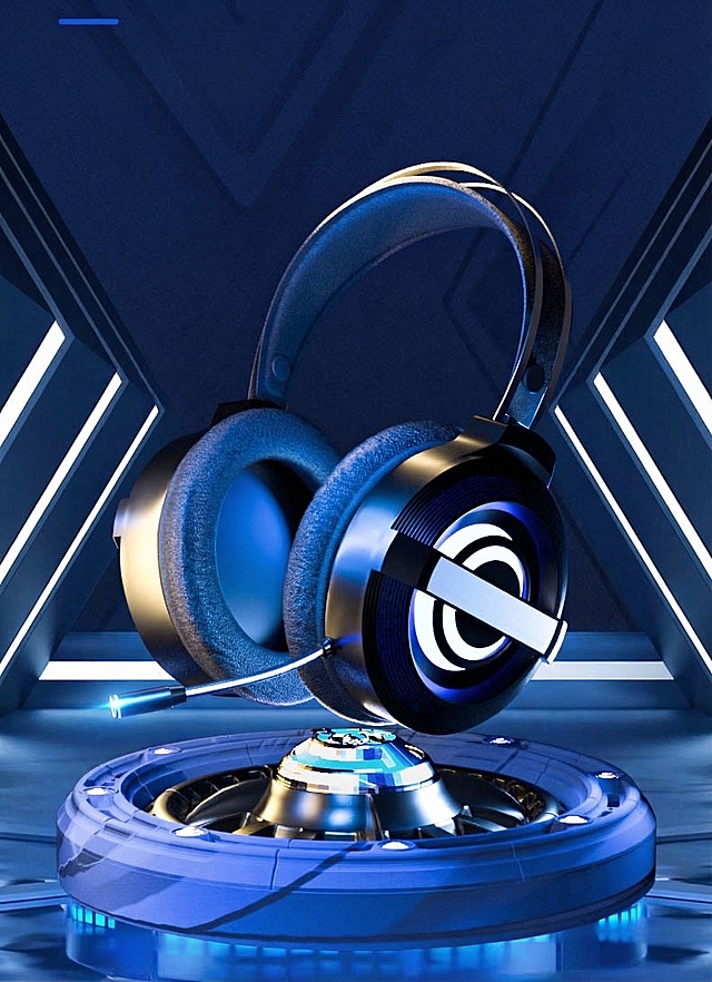 将图1科技感蓝调电竞场景中的惠普耳机产品，精准替换为图2的带环形白色灯光的耳机产品，匹配原场景的光影、角度和悬浮效果，高清质感，无违和感