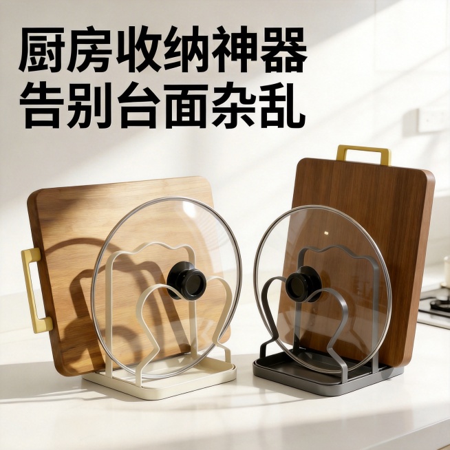 厨房收纳架电商主图，突出奶油白和深灰两款产品，画面上方添加大字体文案"厨房收纳神器 告别台面杂乱"，背景为明亮整洁的现代厨房，用强烈光影对比突出产品，3秒抓眼球预览效果