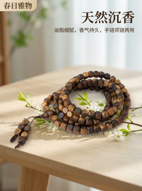 基于原图，生成沉香手链小红书电商主图，产品为原图片中的方形多圈沉香手链，保持产品外观不变。风格是ins高级小众国风清雅，带有春天的气息，背景是浅木色桌面搭配嫩绿春芽，柔和自然光影，突出沉香细腻油脂纹理预览效果