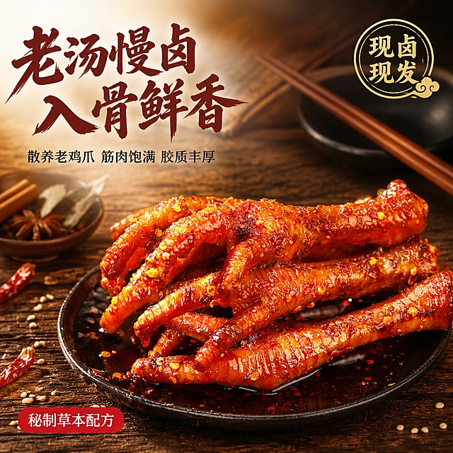 [主图-1] 秘制卤香散养老鸡爪首图 食欲感爆棚。
[氛围风格] 暖红油亮美食商业摄影风 中式卤味熟食诱惑感；
[画质] 商业摄影质感 光线柔和通透 产品清晰真实 画面干净高级 超高清细节；
[元素] 黑色圆盘装着满满一盘油亮红亮的卤鸡爪居中偏右 鸡爪层层堆叠 表面挂满红油辣椒碎 光泽诱人 筋肉饱满纹理清晰 盘底积有少量红亮卤汁 盘边散落几粒芝麻和辣椒碎。背景为深棕色木质餐桌 左上角隐约可见一小碟卤料包和八角桂皮香料 右后方有一双木质筷子搭在碗边 营造真实用餐氛围。保持鸡爪外观（即物理结构 材质质感 红油辣椒颜色 褶皱纹理）与输入产品图一致 杜绝任何变形和色差 精细化处理。商品主体占比约70% 画面满屏无边框。
[光影] 自然暖阳侧逆光从左上打下来 照亮鸡爪表面红油形成高光点 油亮通透 暗部有柔和反光 层次丰富 暖色调浓郁 凸显卤味的油润和食欲感 无生硬阴影。
[配色] 主色红油亮红棕 辅色深木棕 辣椒红 芝麻米白。
[视角构图] 45度俯视 鸡爪盘为视觉中心 前中后景分层 景深中等 前景盘沿略虚 后景香料虚化 突出主体鸡爪的饱满油亮。
[文字版式] 左上负空间左对齐留安全边距 主标题大字粗笔刷书法体写"老汤慢卤 入骨鲜香" 红棕色最大号粗体 下方辅助小字写"散养老鸡爪 筋肉饱满 胶质丰厚" 黑色细黑体约主标题一半大小。左下角红底白字圆角小标签写"秘制草本配方" 右上角金色印章式圆章写"现卤现发"。文字不遮挡鸡爪主体。
[输出要求] 1:1比例 文字清晰锐利 超高清商业摄影质感；
[负向提示词] 变形 文字错乱 产品图模糊 背景杂乱 水印 电商平台Logo 多余的手 畸形手 人物面部扭曲。