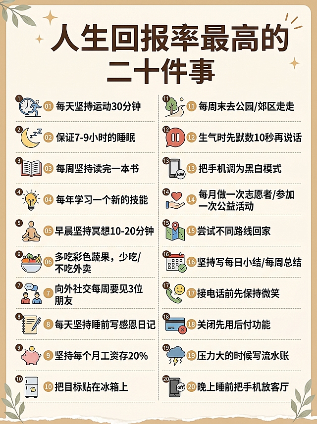 现代感插画风格，扁平化设计结合温暖配色，图标与文字排版清晰有序，传递积极生活理念，适合节日自我激励主题。