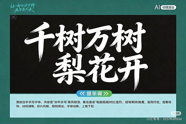 参考图中秀丽笔手写行楷风格，设计黑底白字"千树万树梨花开"，行楷体变形，笔画相互连接，变形夸张，保留粗细对比强烈、飞白拖尾的书法特点