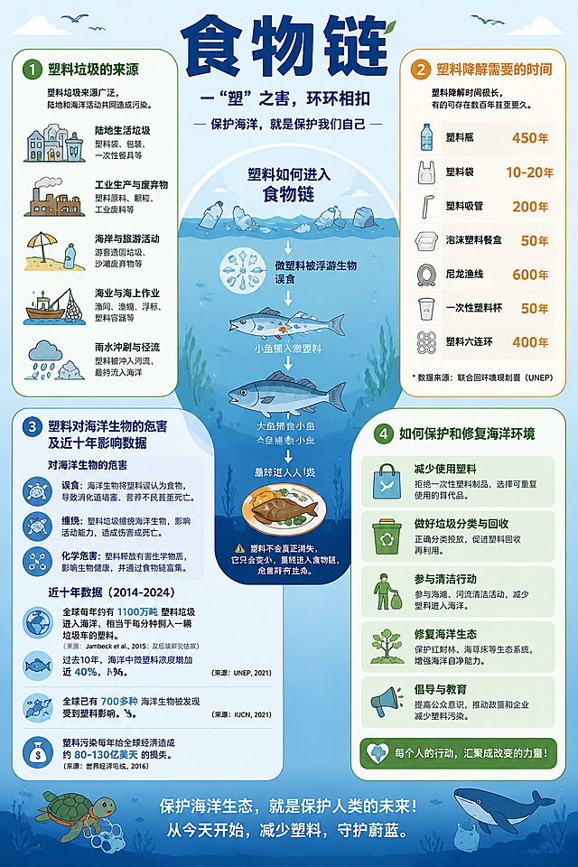 信息可视化信息图，主题名字为"食物链"，中心构图，四周分布四个板块内容：第一个板块塑料垃圾的来源，第二个板块介绍塑料降解需要的时间，第三个板块展示海洋生物因塑料垃圾带来的危害和影响，包含近十年来塑料垃圾对世界海洋影响的数据，第四个板块介绍如何保护和修复海洋环境，整体清晰易读，环保科普扁平化设计风格，内容准确