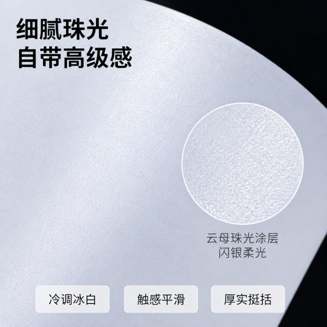 [主图-3] 珠光冰白纸材质细节微距展示图
[氛围风格] 高级质感，突出材质肌理，轻奢高级
[画质] 商业摄影质感，微距细节清晰，光线通透，画面干净高级
[元素] 微距特写珠光冰白纸表面材质，放大展示预览效果
