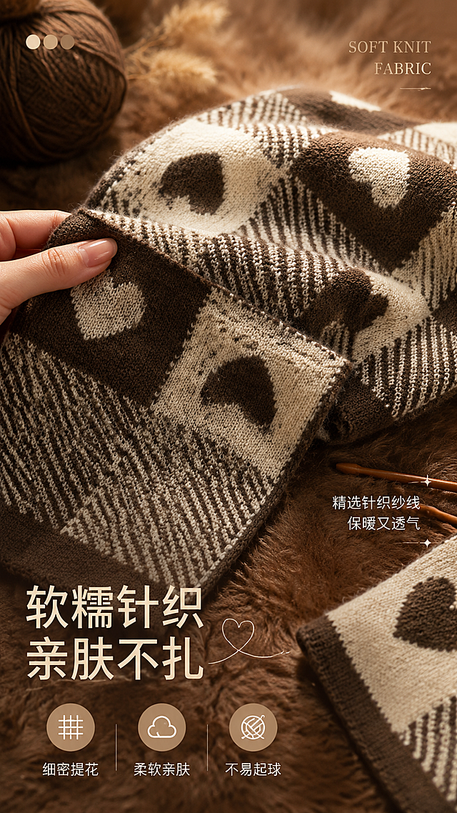 [第4张] 面料工艺页-爱心棋盘格针织围巾材质细节展示。本张使用【图1】咖米棕款作为面料特写主体。
[氛围/风格] 质感微距风，温暖细腻，突出面料触感，商业摄影质感。
[元素布局] 画面中央为围巾针织纹理微距特写，清晰展示细密针脚与爱心提花工艺；左上角手指轻触围巾表面，体现柔软触感；右下角局部展示围巾包边细节；背景为暖棕色毛绒台面，有毛线球、织针等道具点缀；围巾纹理、颜色与输入图一致。
[光影质感] 侧光斜射突出针织纹理立体感，柔光补光，整体温暖细腻，绒感十足。
[配色色系] 全局底色 #D4B896 暖驼色；主色咖棕、奶白；辅助色深棕、焦糖。
[视角构图] 中心微距构图，四周点缀小元素，视觉聚焦面料纹理细节。
[文字版式] 左下主标题「软糯针织 亲肤不扎」，下方三个工艺标签「细密提花 / 柔软亲肤 / 不易起球」，每个标签配小图标；右侧小字说明「精选针织纱线 保暖又透气」；英文装饰「SOFT KNIT FABRIC」；文字不遮挡面料特写主体。
[比例分辨率] 9:16竖版比例，4K分辨率，文字清晰可辨，高清画质。
[负向提示词] 纹理模糊，颜色偏差，水印，文字错乱，背景杂乱，面料质感差。