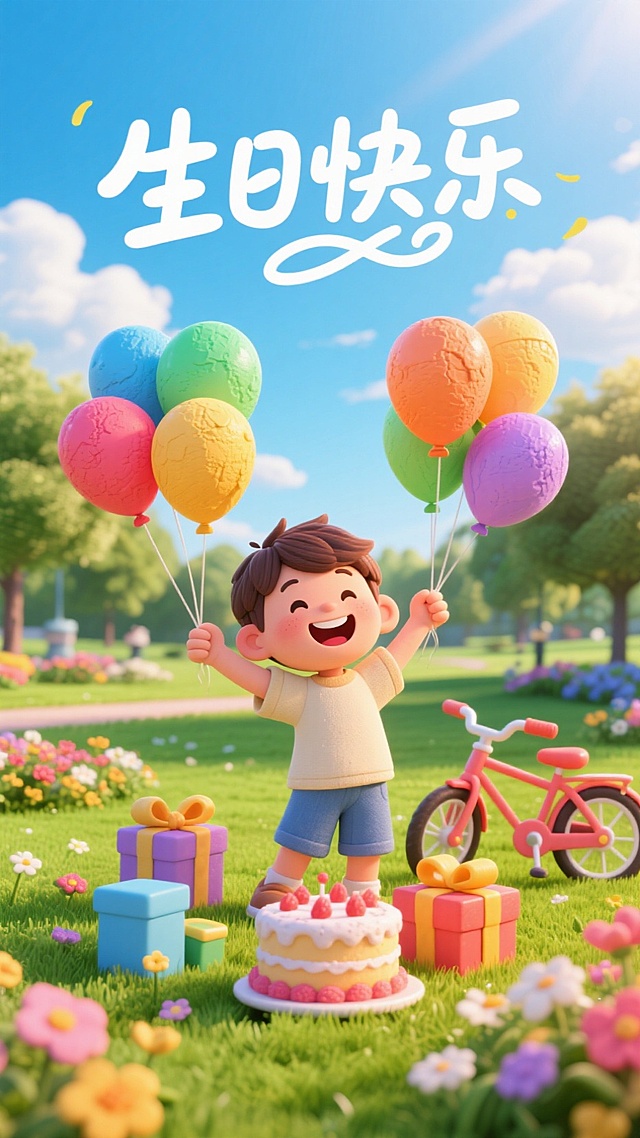 软3D风卡通设计，波普艺术色彩，可爱男孩手捧气球，生日派对氛围浓厚。