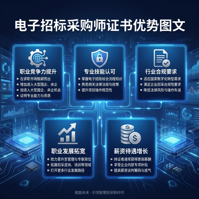电子招标采购师证书优势图文，蓝色科技商务风格，分点展示5大证书优势，文字清晰排版美观，方形构图，专业易读预览效果