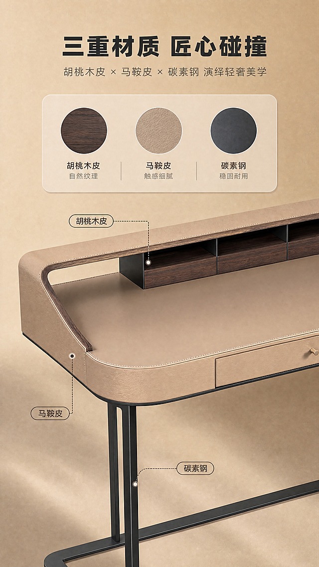 [商品] 使用【图1】DZ-8829妆台；保留整体结构、浅咖色马鞍皮软包、胡桃木皮收纳格、单抽屉、碳素钢底架、产品比例和颜色；商品处理：增强材质质感，不改变产品结构。
[画面] 目标：设计美学叙事页，讲材质混搭与设计理念。上文下景构图，顶部约1/3为文案+材质色块展示区，底部约2/3为妆台局部特写场景；画面展示三种材质碰撞：胡桃木皮木纹、马鞍皮皮革纹理、碳素钢金属面，以材质拼贴形式呈现；妆台取台面转角+收纳格局部特写，45°俯视角，突出材质拼接细节与工艺缝线；背景为浅咖色渐变+细腻纸质感。
[视觉] 套系策略：风格=现代轻奢意式极简商业摄影；标题字=现代简约粗黑体；正文字=纤细无衬线体；主色=浅咖驼色；背景延展=基于浅咖驼色做深浅层级、同色渐变和细腻哑光质感；强调色=胡桃木深棕，仅用于小面积图标、引线和标签；标题色=深炭灰；正文色=中暖灰；组件=圆角浅底信息卡、细线引线、胶囊形卖点框；光影=左前侧暖柔光，柔和自然阴影。
[文字] 顶部主标题「三重材质 匠心碰撞」（8字），副标题「胡桃木皮×马鞍皮×碳素钢 演绎轻奢美学」（18字），下方三个圆形材质色块+标注：「胡桃木皮 自然纹理」「马鞍皮 触感细腻」「碳素钢 稳固耐用」；底部妆台特写配引线标注材质名称。
[规格] 图片比例9:16竖版，4K分辨率，负向提示：避免变形、错字、文字过小、冷蓝背景、产品结构改变、极限词、平台Logo水印。
