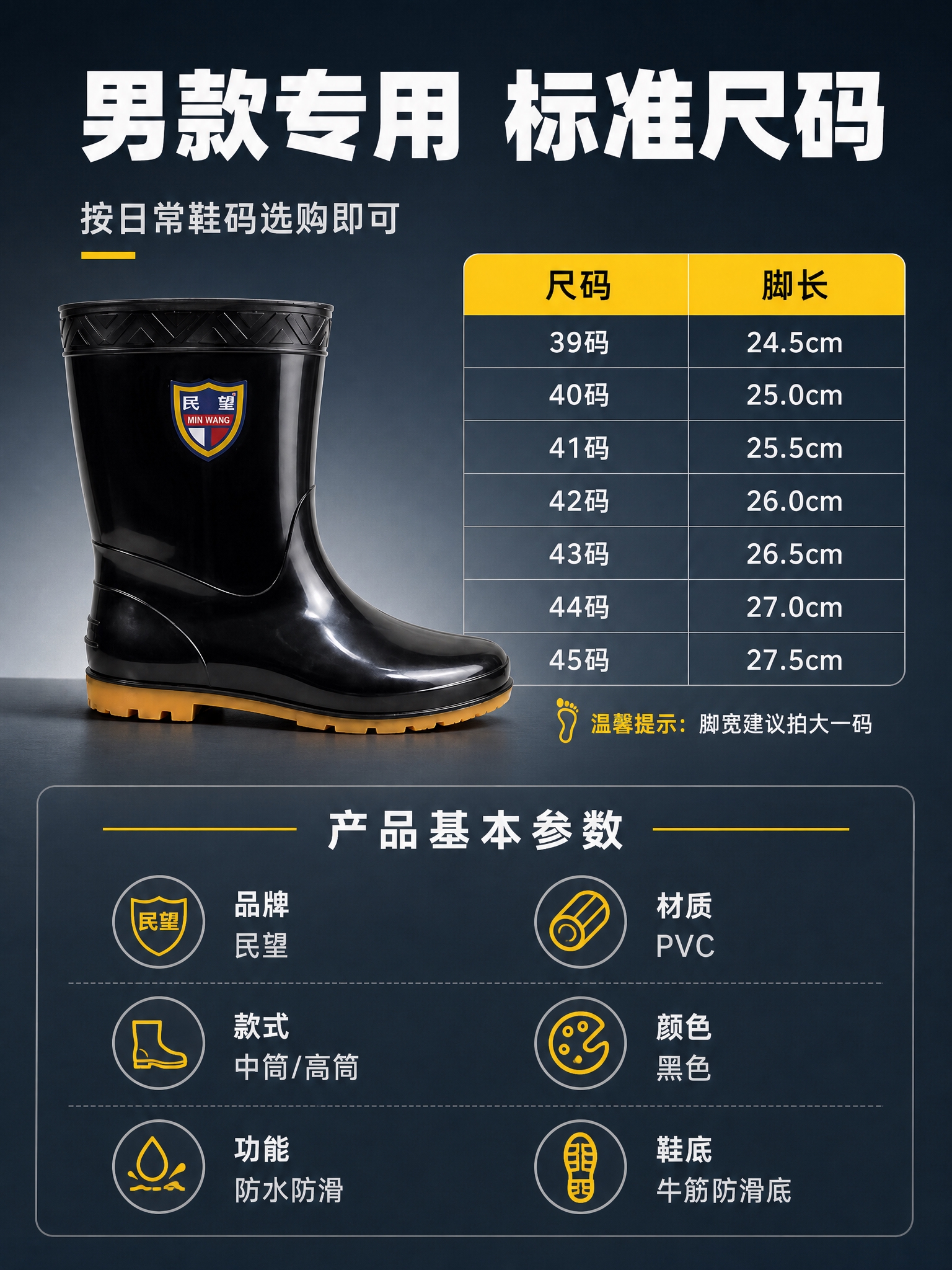 [商品] 使用【图4】尺码图中的雨靴产品图；保留黑色亮面PVC… - 图片创意预览