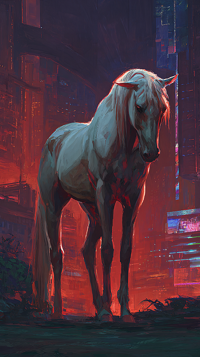 赛博朋克风都市夜景中，一匹白骏马伫立于霓虹光影下，厚涂技法融合油画质感，未来感与科技感交织，虚拟现实意境扑面而来。
