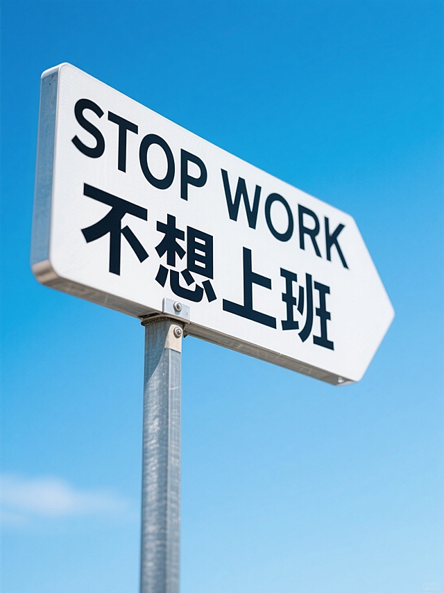 背景为蓝天，主视觉为一个大路牌，路牌上写着“STOP WORK不想上班”