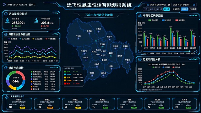 基于这张迁飞性昆虫性诱智能测报系统大屏，做两处修改，其余保持不变：

1. 底部虫害预警信息卡片改小：卡片高度降低约40%，字体缩小，数字和级别标签变小，整体更紧凑，卡片数量保持7张不变，底部通栏高度相应降低。

2. 左侧面板在每日诱虫量数据统计上方新增一个模块：显示总诱虫数量和平均诱虫数量两个核心指标。模块标题叫"诱虫量核心指标"，左侧大数字显示总诱虫量（如256,320头），右侧显示平均诱虫量（如203.8头/站），带图标和较昨日变化百分比。模块高度约为下方每日诱虫量模块的1/3，使用同样的科技切角边框风格。

左侧变为3个模块（从上到下：诱虫量核心指标、每日诱虫量数据统计、设备种类统计），整体高度协调。右侧两个模块、中间地图、顶部标题栏全部保持原样。科技切角边框风格保持一致。