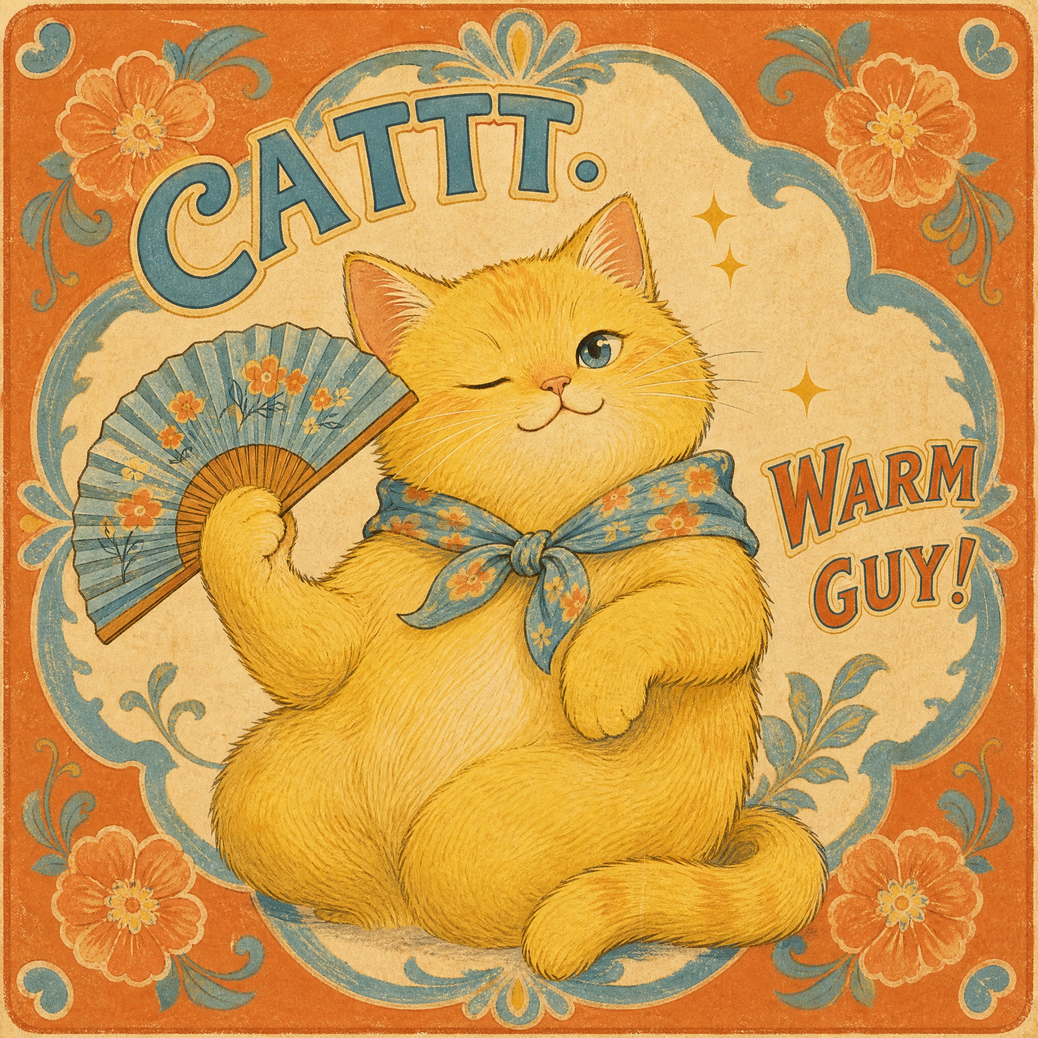复古风格猫咪插画，一只黄色猫咪手持一把蓝色小折扇，姿态优雅俏皮… - 图片创意预览